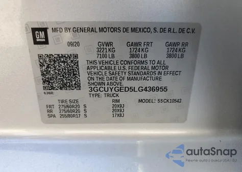 2020 Chevrolet Silverado K1500 Ltz z USA, uszkodzony, nr VIN 3GCUYGED5LG436955